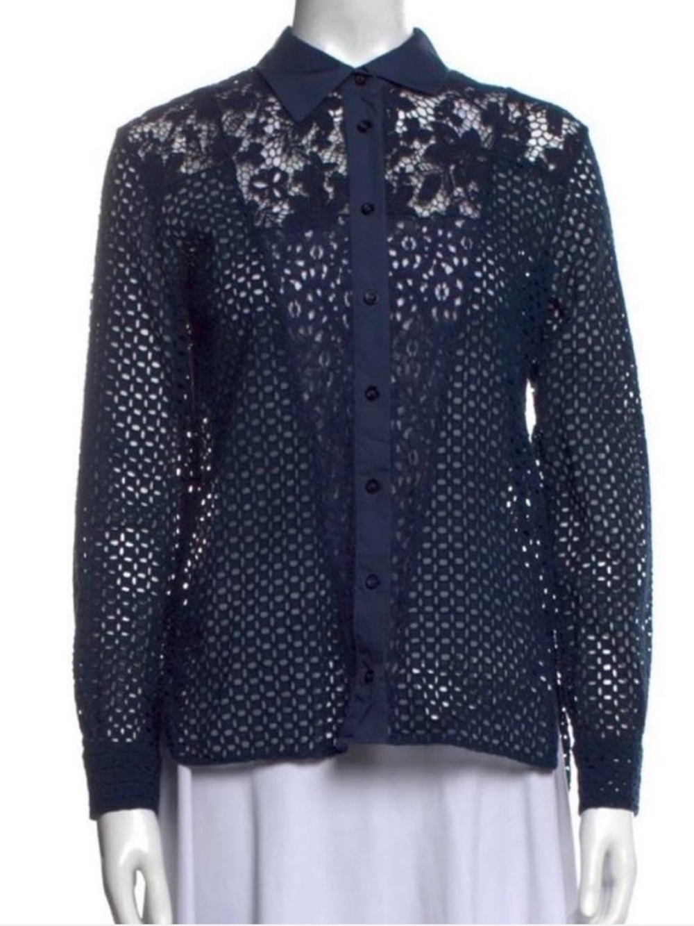 see by chloé lace button-up blouse intricate lace cutwork throughout in indigo